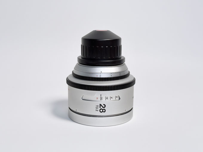 GL Optics Mamiya 28mm T3.2 lens showing geared controls and focus scale