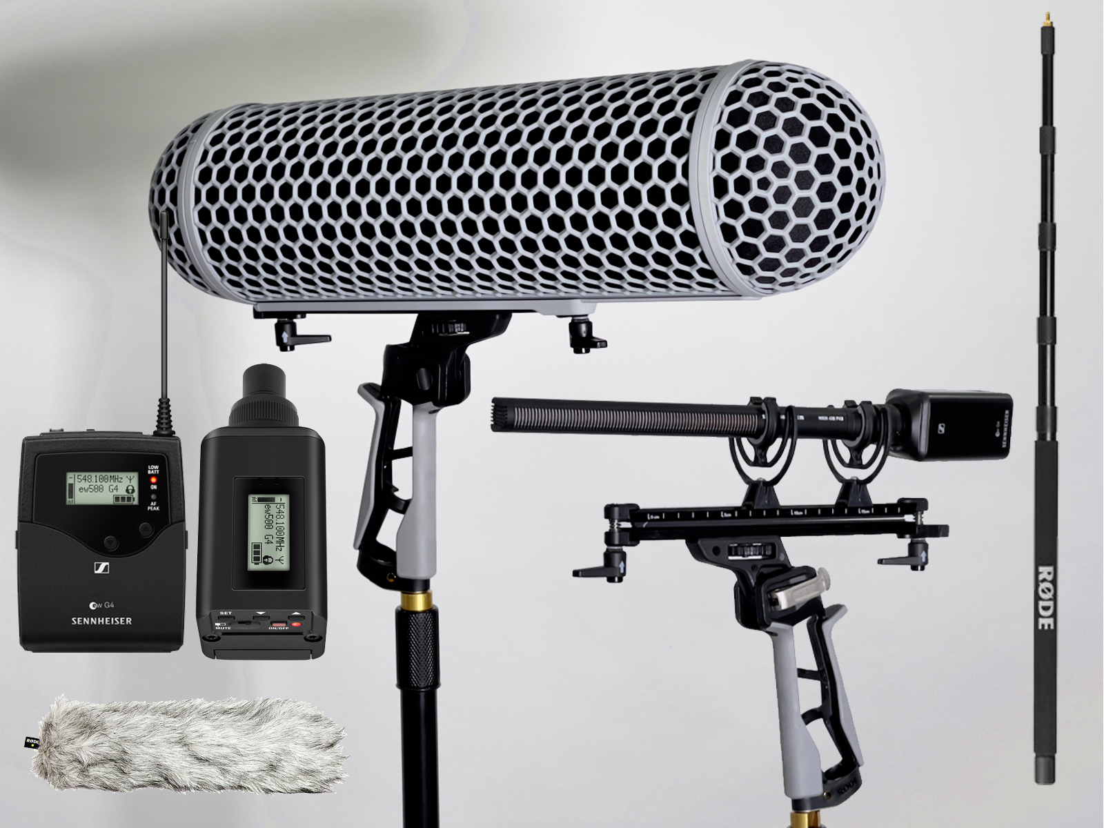 Sennheiser MKH 416 shotgun, blimp, boom pole and wireless audio components