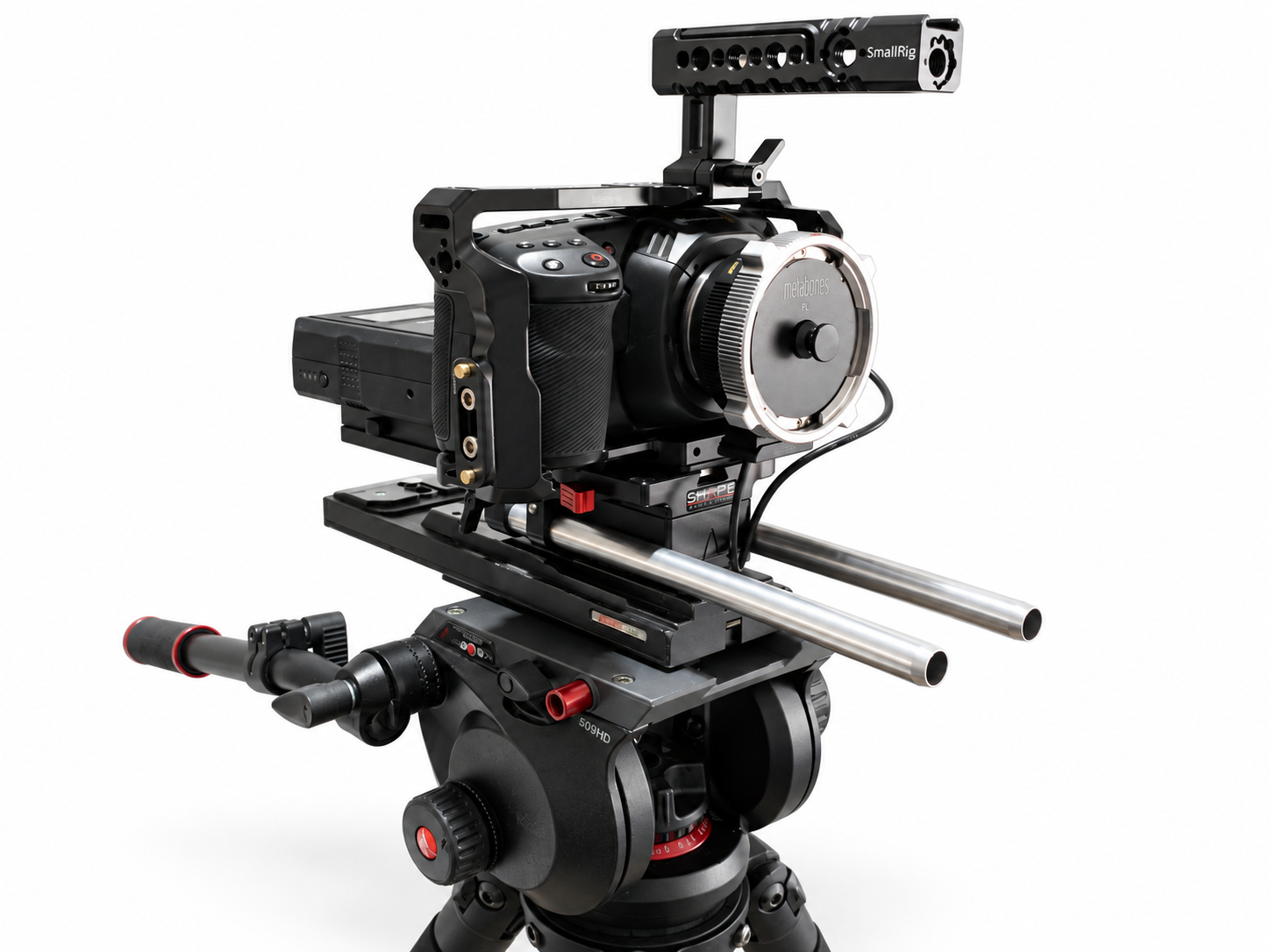 Blackmagic Design Pocket Cinema Camera 4K in cage on support rig against white background