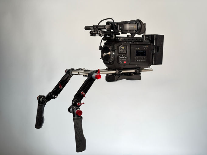 Blackmagic URSA Cine 17K 65 with shoulder pad, support rods and handgrips