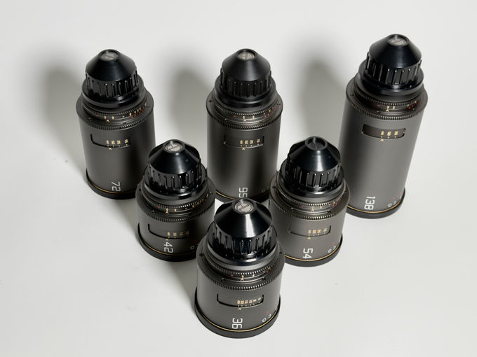 Six Atlas Mercury lenses labeled 36mm, 42mm, 54mm, 72mm, 95mm and 138mm