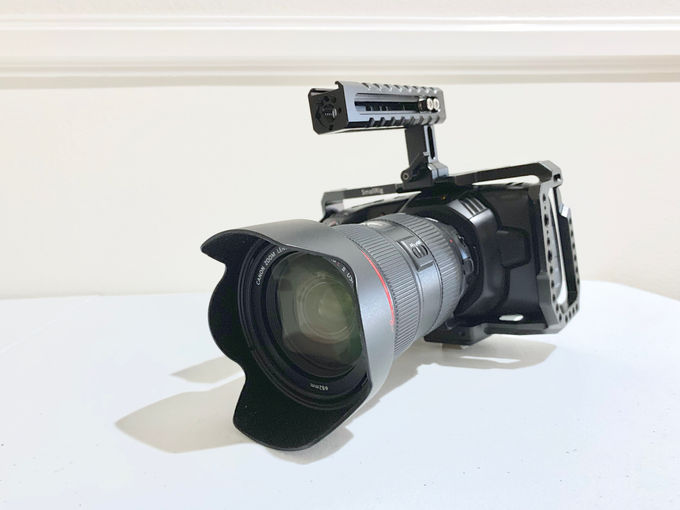 Canon EF L-series zoom with hood mounted on a caged Pocket Cinema Camera 4K