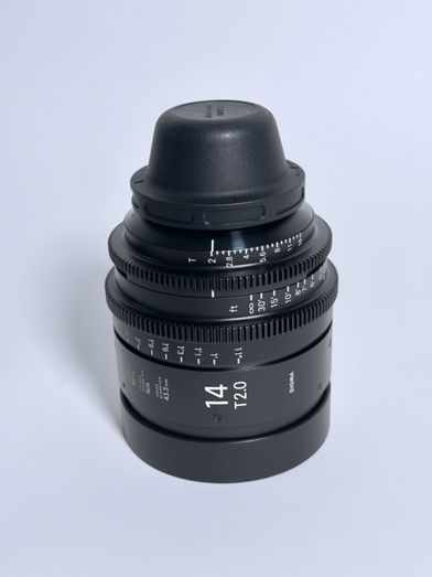 Sigma 14mm T2 cine lens showing focus and iris rings