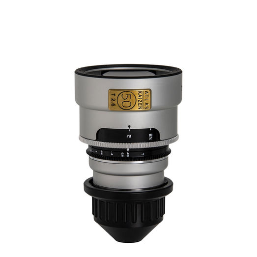 Atlas Kaizen 65 50mm T2.6 lens showing focus scale and geared controls