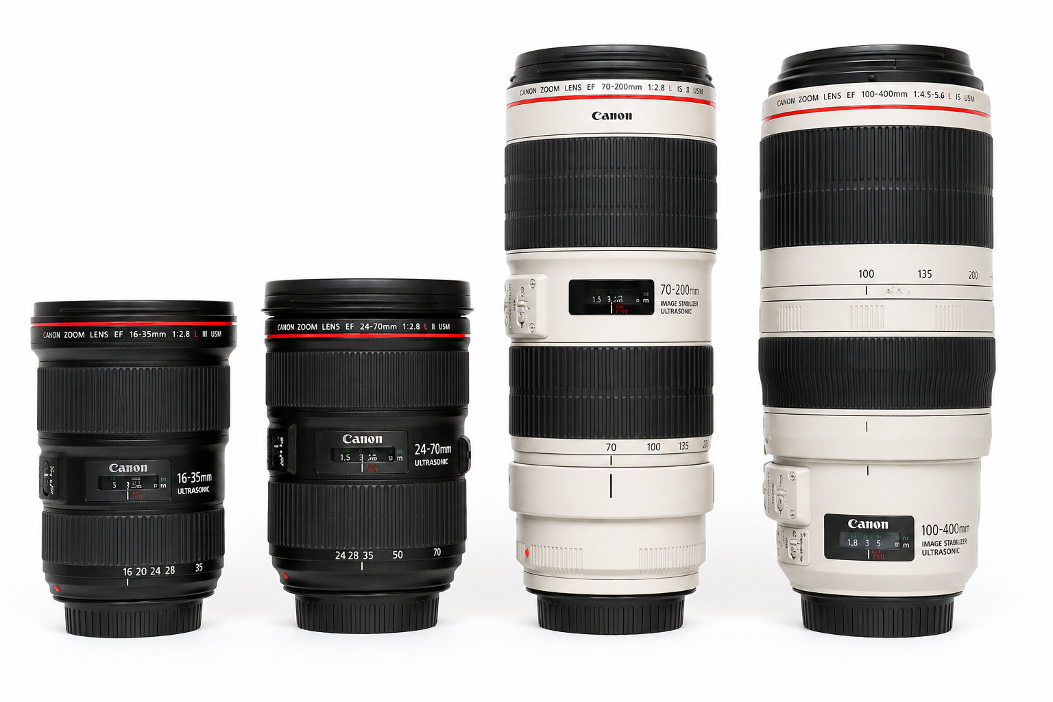 Four Canon EF L-series zoom lenses