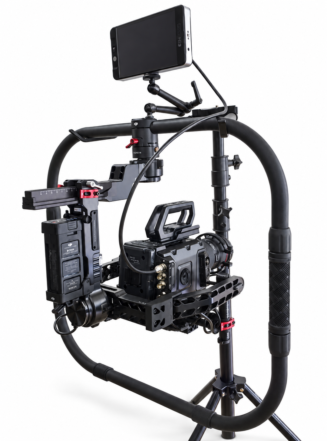 Original DJI Ronin gimbal with demonstration camera and monitor on white background