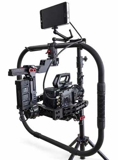 Original DJI Ronin gimbal with demonstration camera and monitor on white background
