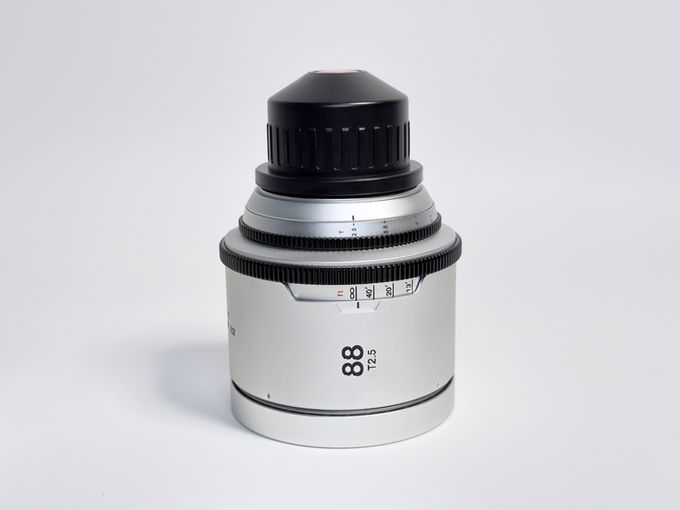 GL Optics Mamiya 88mm T2.5 lens showing geared controls and focus scale
