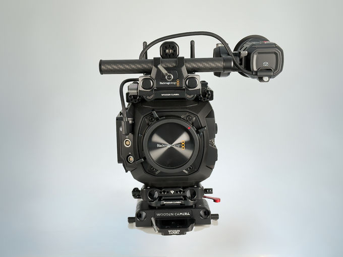 Front view of the Blackmagic URSA Cine 17K 65 with capped lens mount and viewfinder