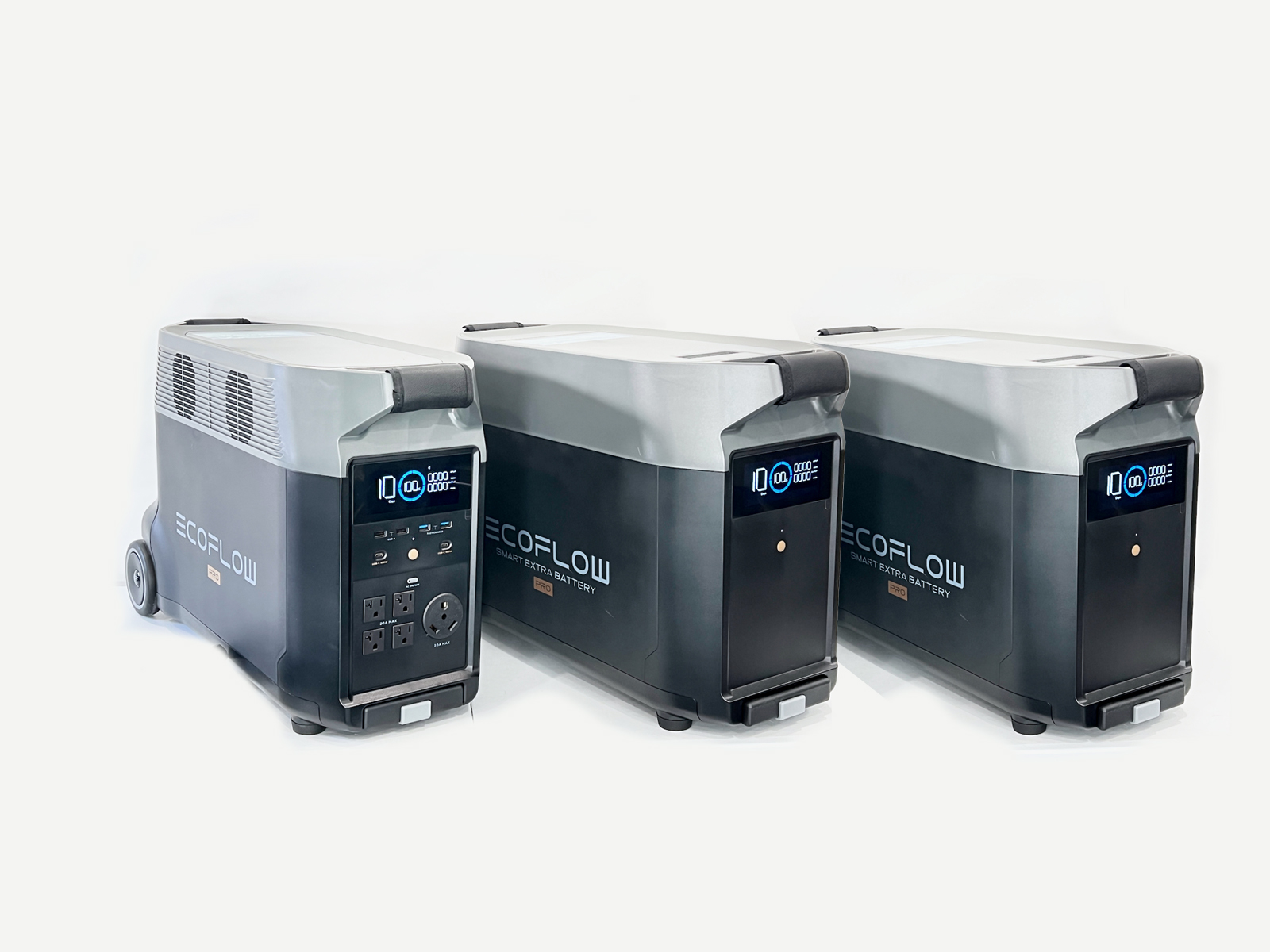 EcoFlow DELTA Pro power station with two Smart Extra Batteries on white background