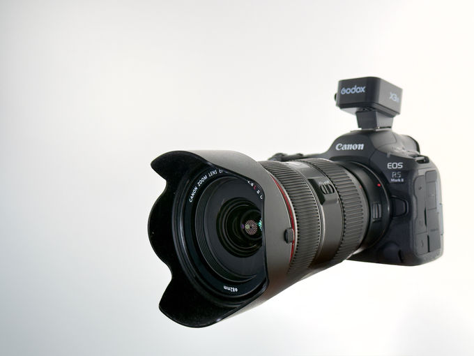 Canon EOS R5 Mark II fitted with a Canon EF zoom and Godox trigger
