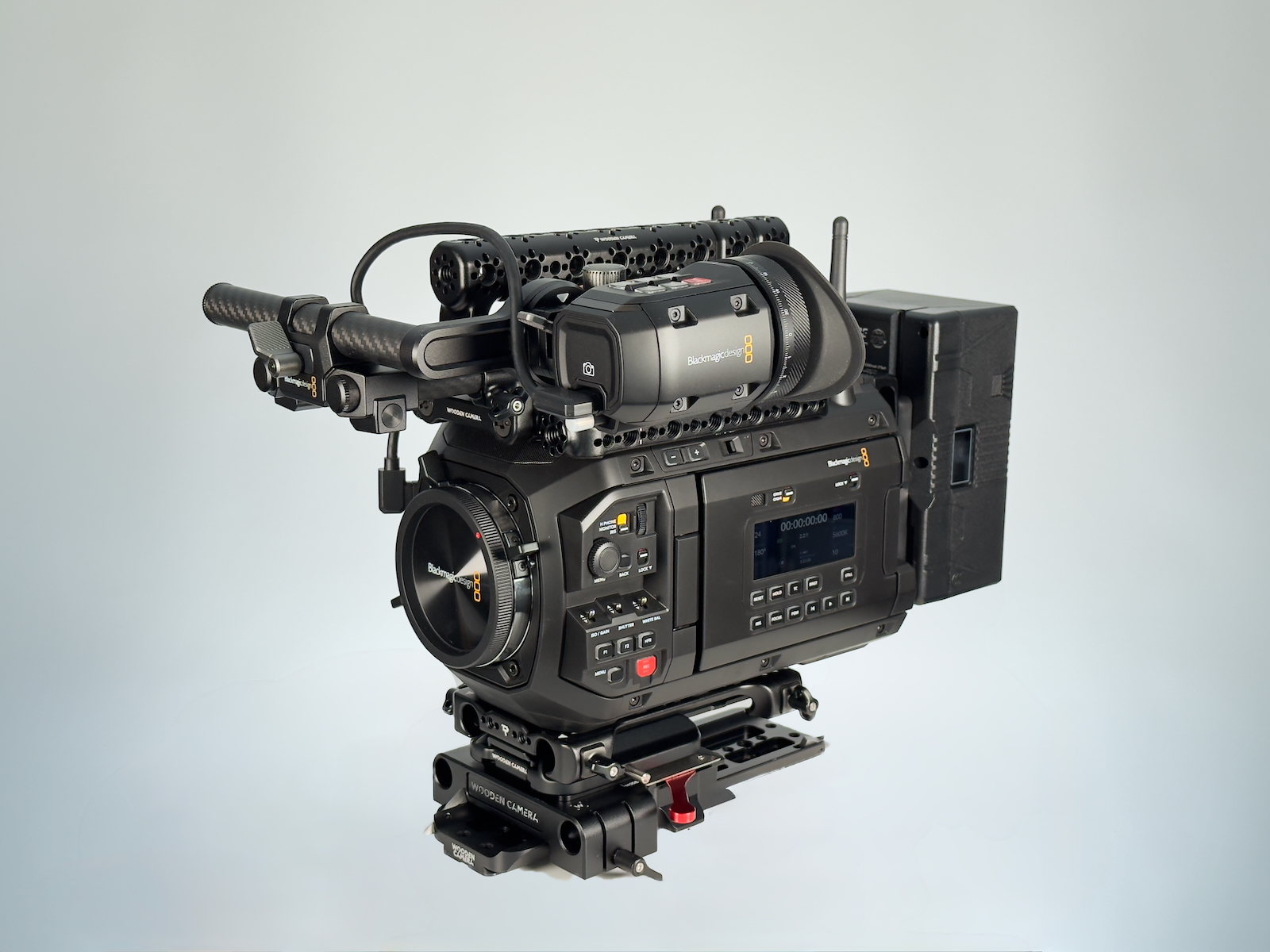 Blackmagic URSA Cine 17K 65 camera with viewfinder and support rig