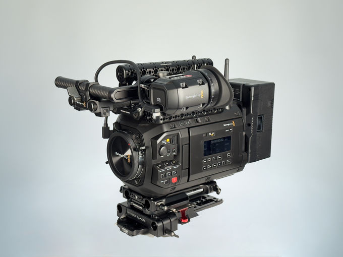 Blackmagic URSA Cine 17K 65 camera with viewfinder and support rig