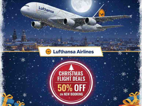 Lufthansa plane flying over a snowy city with the moon. Text: "Christmas Flight Deals 50% Off." Presents below. Festive night scene.