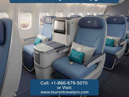 Airplane seats with blue cushions, screen, pillows, and windows showing sky. Text: Breeze Airways Seat Upgrade. Contact info provided.