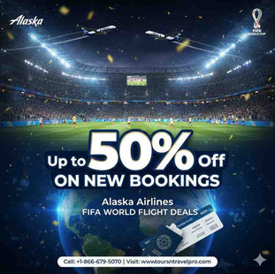 Alaska Airlines offers up to 50% off new bookings. Image features a stadium, two planes, and tickets. Contact info and website included.