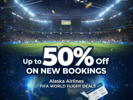 Alaska Airlines offers up to 50% off new bookings. Image features a stadium, two planes, and tickets. Contact info and website included.