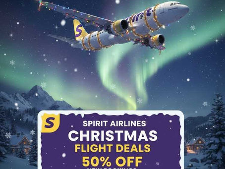 Airplane with Christmas lights soars over snowy mountains under northern lights. Text: Spirit Airlines Christmas flight deals 50% off.