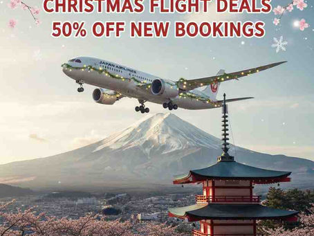 Japan Airlines plane over Mt. Fuji with cherry blossoms. Text: "CHRISTMAS FLIGHT DEALS 50% OFF NEW BOOKINGS." Contact info included.