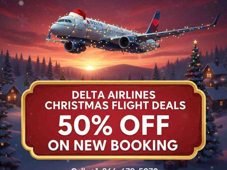 Delta plane adorned with lights and Santa hat in snowy village at sunset. Text: "Delta Airlines Christmas Flight Deals 50% OFF".