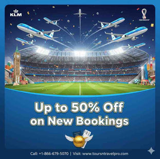 Airplanes fly over a stadium with a packed crowd. Text: Up to 50% Off on New Bookings. KLM logo. Call number and website included.