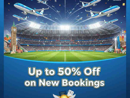 Airplanes fly over a stadium with a packed crowd. Text: Up to 50% Off on New Bookings. KLM logo. Call number and website included.