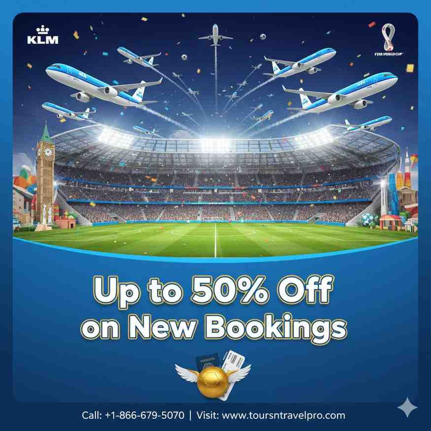Airplanes fly over a stadium with a packed crowd. Text: Up to 50% Off on New Bookings. KLM logo. Call number and website included.