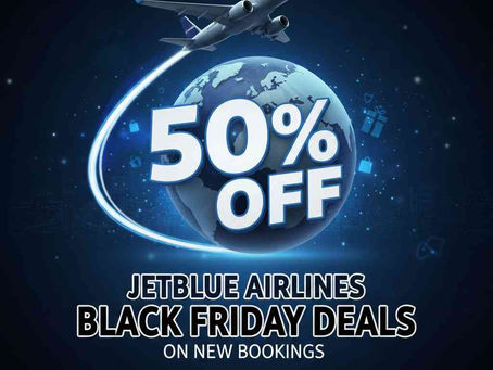 Airplane flying over Earth with a trail, text: "50% OFF JetBlue Airlines Black Friday Deals on New Bookings." Contact info at bottom.