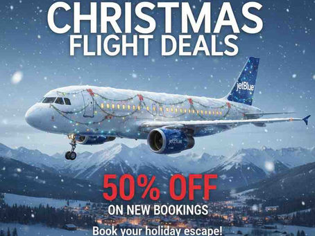JetBlue plane decorated for Christmas, snowy mountain background. Text: "JetBlue Airlines Christmas Flight Deals, 50% off on new bookings."