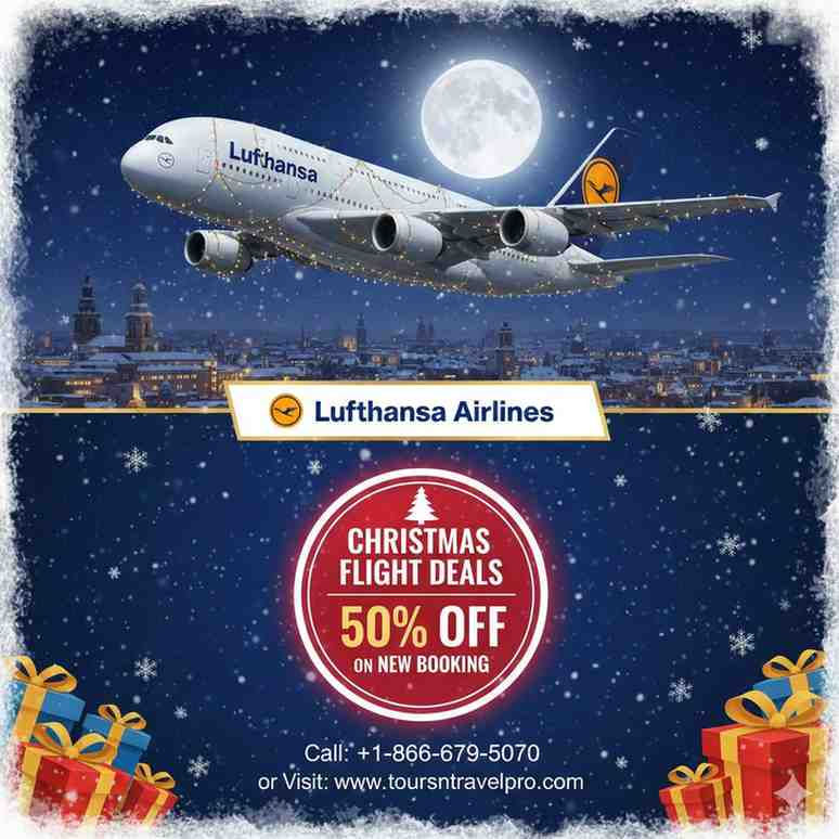 Lufthansa plane flies over snowy city with full moon. Text: "Christmas Flight Deals 50% Off." Gift boxes below. Festive mood.