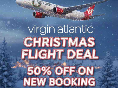Virgin Atlantic plane in snowy sky; text: "Christmas Flight Deal, 50% Off on New Booking"; winter landscape; contact info below.