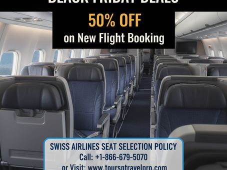 Empty airplane seats with a "Black Friday Deals" banner offering 50% off new bookings. Swiss Airlines seat selection info below.