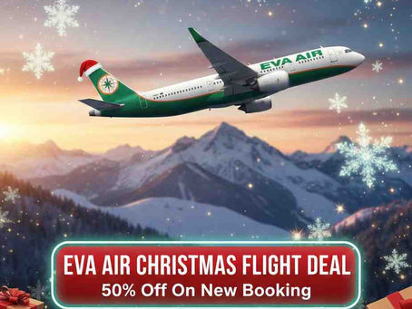 EVA Air plane with Santa hat flies over snowy mountains at sunset. Snowflakes and gift boxes decorate. Text: Christmas flight deal, 50% off.