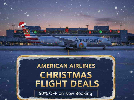 American Airlines plane with Christmas decor at snowy airport. Text: "Christmas Flight Deals, 50% OFF on New Booking." Festive lights.