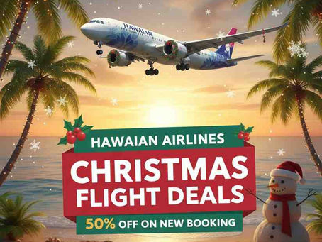 Plane over tropical beach with palm trees and snowflakes. Text: "Hawaiian Airlines Christmas Flight Deals 50% Off." Snowman and gifts.