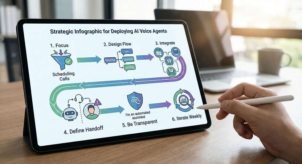 A close-up of a digital tablet on a desk displaying a six-step strategic infographic for deploying AI voice agents. The flowchart highlights key stages including "Focus," "Design Flow," "Integrate," "Define Handoff," "Be Transparent," and "Iterate Weekly," with a hand holding a stylus pointing toward the final step to emphasize continuous improvement.