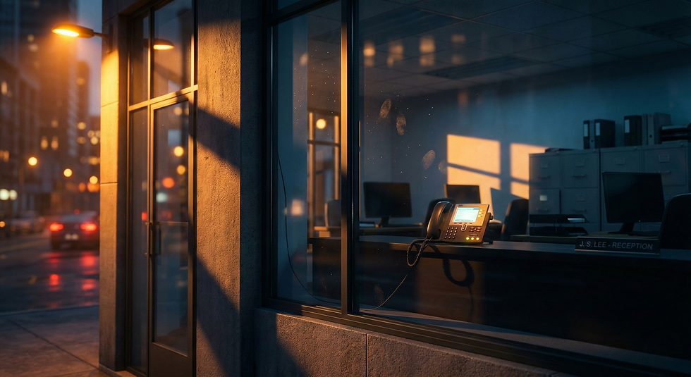 Empty office at evening with unanswered phone, representing missed business opportunities after hours