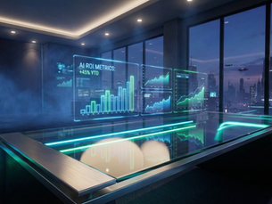 Modern corporate control room with holographic sales dashboards and ROI metrics glowing in neon colors at sunset