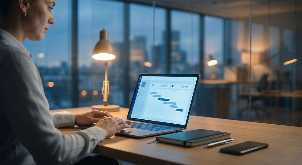 A professional calmly reviewing a laptop in a modern glass-walled office at dusk, with a softly glowing abstract CRM workflow on screen, conveying thoughtful, respectful personalization rather than invasive data use.