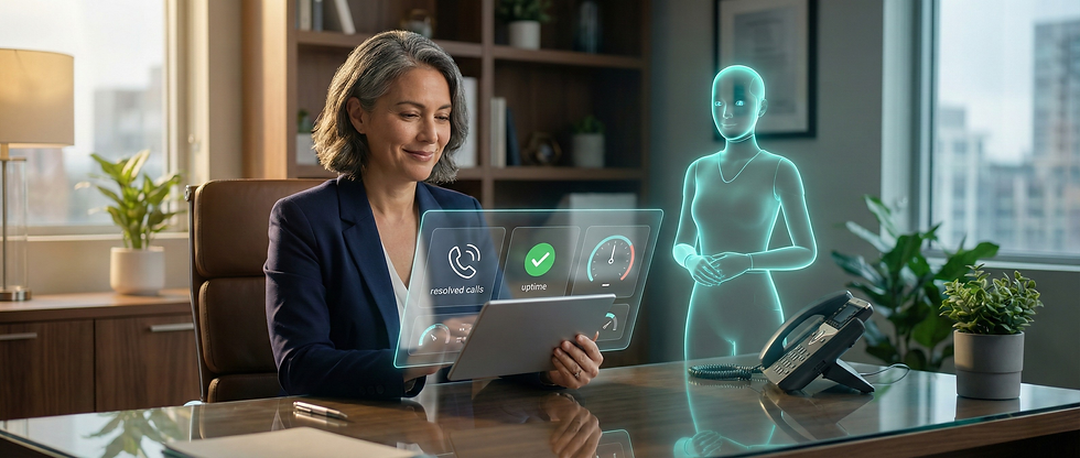 Business owner confidently reviewing an AI IVR dashboard that addresses common concerns about reliability, cost, and ease of use.