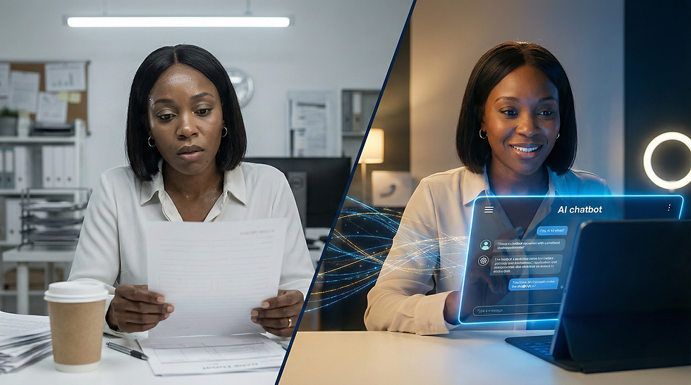 Before-and-after comparison showing a small business owner moving from traditional lead capture frustration to modern AI-powered engagement.