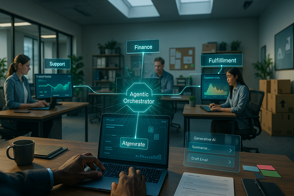 Agentic AI orchestrating cross-department workflows with generative AI panels in a modern small business office