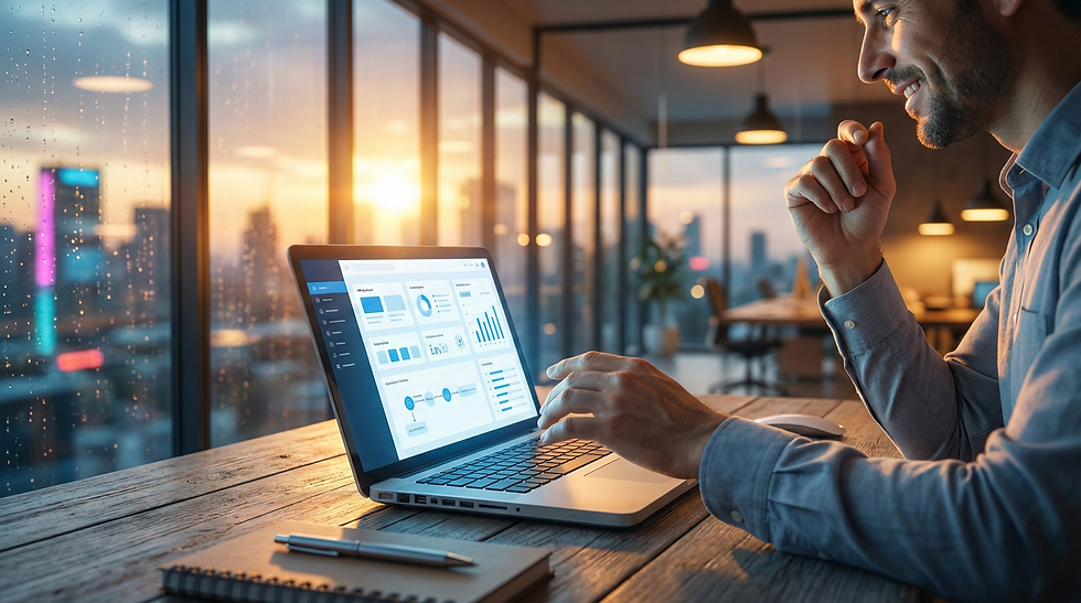 Professional at desk reviewing AI-powered CRM dashboard at sunset with city skyline in background