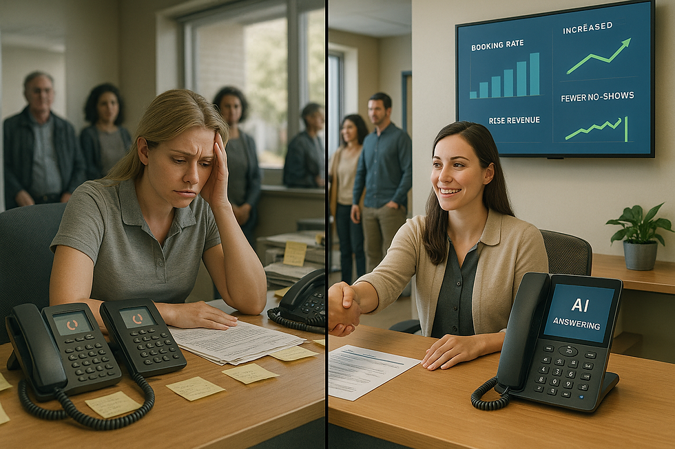 Photorealistic before-and-after office scene showing a stressed, phone-heavy front desk contrasted with a calm, efficient workspace after AI appointment scheduling improves business results.