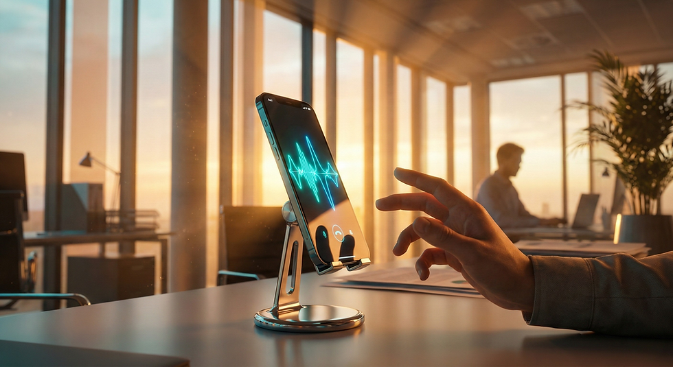 Modern office at sunset with smartphone displaying voice call visualization, representing AI call answering technology for businesses