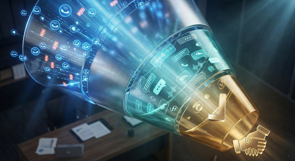 Overhead view of a sales funnel showing lead capture, nurturing, and conversion stages with AI voice integration