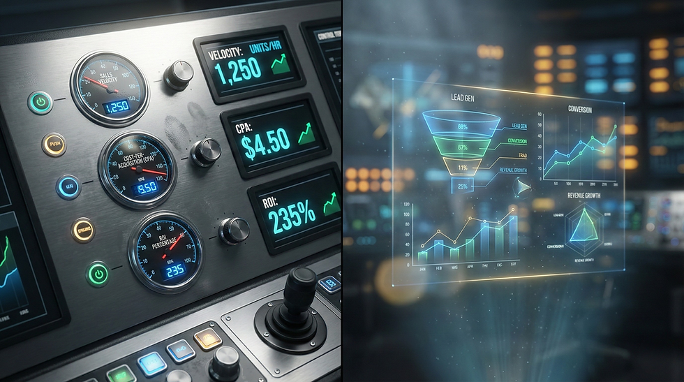 Technical control panel with metrics gauges and holographic 3D ROI data visualization display