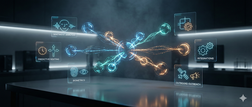 Futuristic visualization of advanced AI IVR capabilities like emotion detection, predictive routing, and secure voice biometrics.
