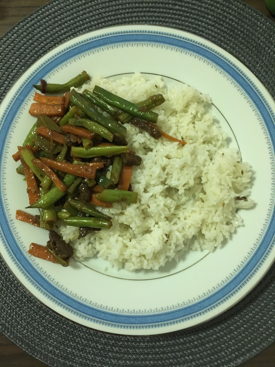 Duck stir fry with jeera rice 🥰💚🥰