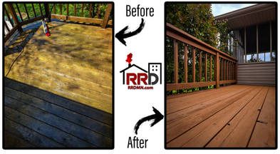 This deck was repaired, powerwashed, sanded, and stained with a great exterior deck stain. 